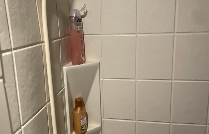 shower has great water pressure and good height. Also several storage shelves in both corners of the shower.