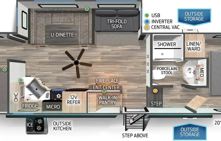 Interior highlights include an oversized u-dinette seating surface for all the kids, dual pots and pans drawers, oversized double bunk beds, farm-style sink and 6’4” tall slide rooms
