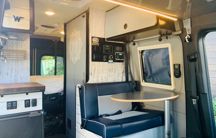 Stylish Aspen tree wallpaper in the kitchen and sacred mandala on the bathroom door.