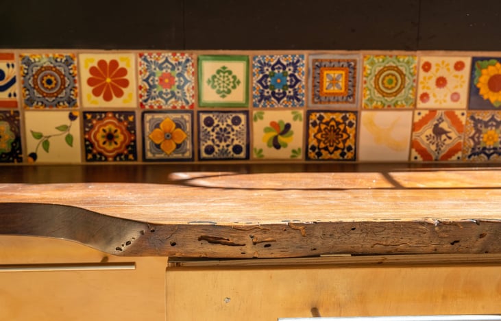Live-edge walnut countertop, Mexican tiles backsplash...