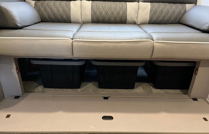 Underneath the couch is an additional storage space that includes 3 bins. Great for kids clothing, towels, or anything else you need to store