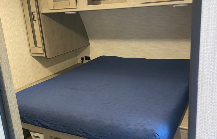 Main bedroom- Queen size memory foam mattress.  Plenty of walking room. USB Ports and plug ins on each side of bed.