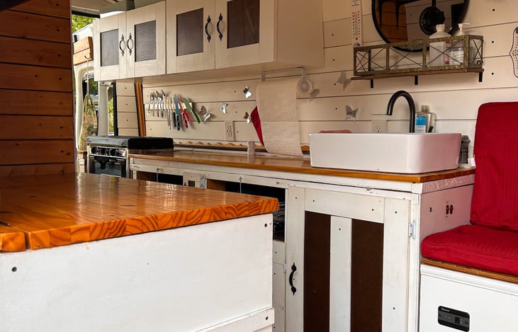 This is looking in through the sliding door towards the back of the van. The fridge is just under the countertop on the left.