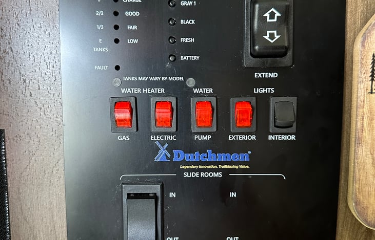Control panel. Battery and tank levels. Awning extend. Water heater gas if not plugged in and electric if plugged into a/c outlet. Water pump on if running on tank. Light switches. Slide room out.