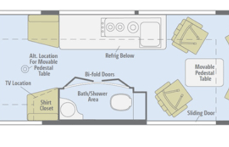 RV layout - Winnebago ERA 170X layout with 3 burner stove, Shower, toilet, movable table and adjustable chairs.