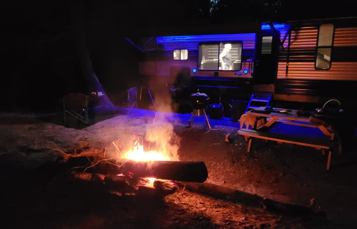 Light blue awning light gives great ambience at night.