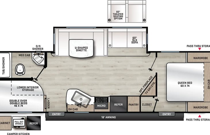 Floor Plan includes 2 full bunk beds, a full bed when dinette is converted, a slide out sofa bed and a queen bedroom.