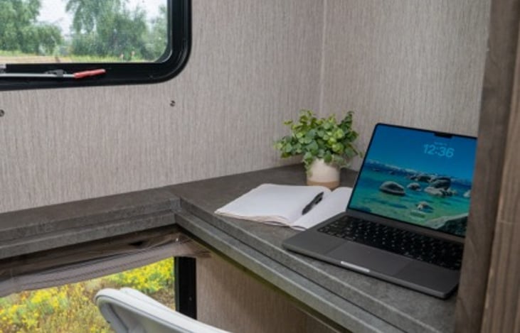 bunkhouse with the office conversion makes the perfect place to work with a view.  Door can be closed for privacy when you need to focus.