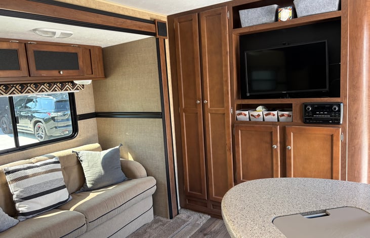 TV and loveseat for relaxing plus lots of extra storage space!