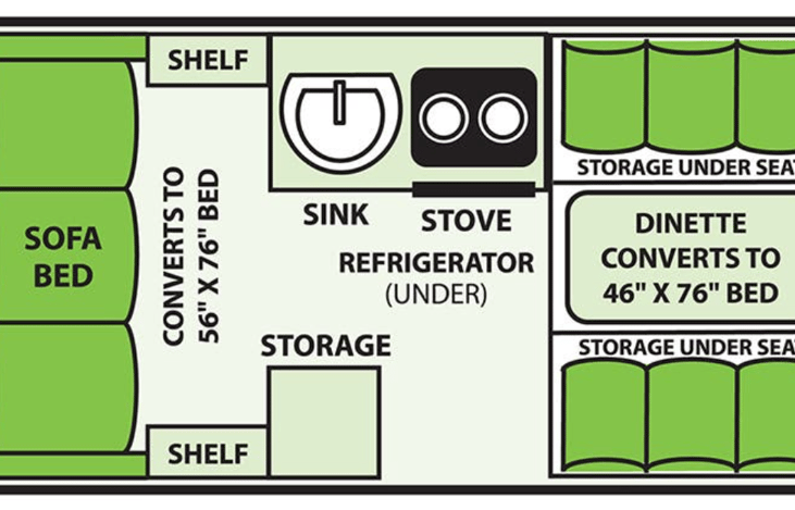 floor plan - sofa bed has been replaced with a full-size mattress