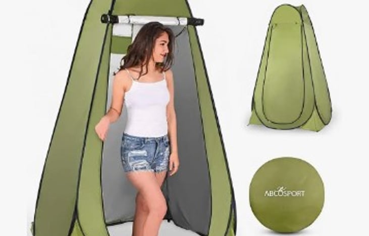 Luggable loo shelter is tall enough for anyone to stand upright and provides privacy if you want to take advantage of a hot shower in the middle of nowhere.