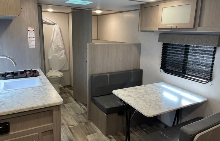 The dinette can be turned into a sleeping area, (best sized for smaller people) or the table can be removed and used as an excellent place for a "pack and play".