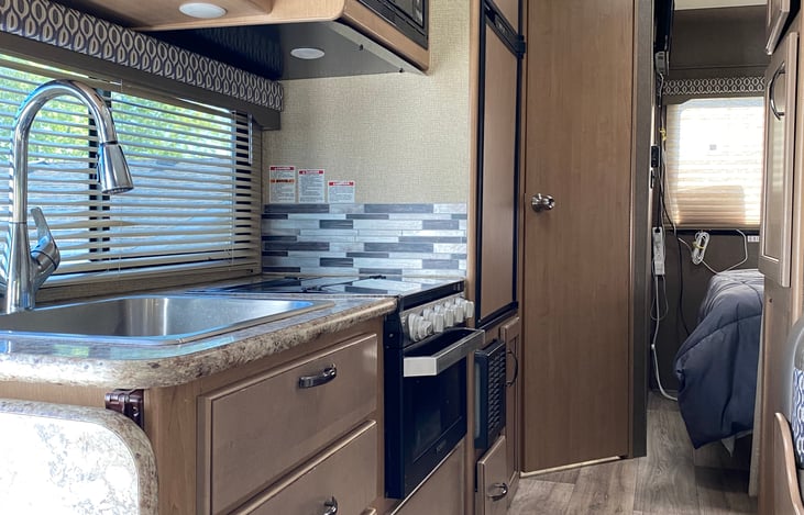 Sink, stove, oven, microwave, fridge and freezer.  The door past the fridge/freezer is the bathroom door.