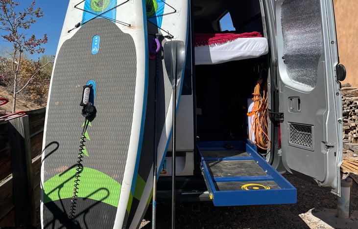 2-3 inflatable paddle boards if needed.  2 burner propane stove and cook wear. 4 fold up seats.  Internal Bike slide out fits 2 mtb bikes with 12mm front skewers. Electric cord for shore power if need