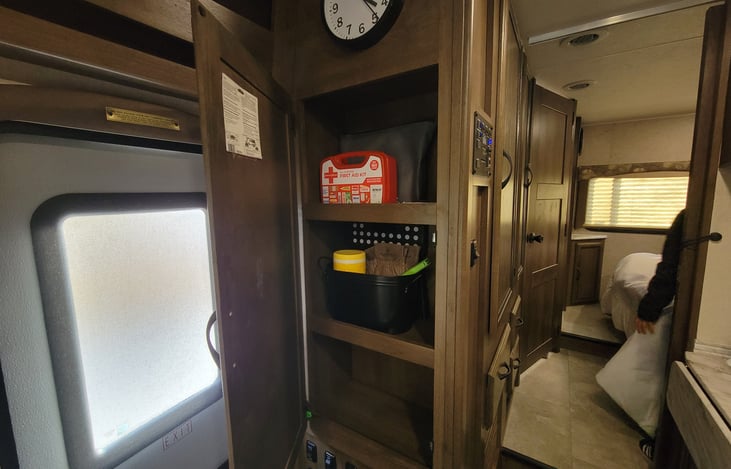 Pantry, First Aid box, Clorox Wipes, Lighter, Gloves, Set Stool.