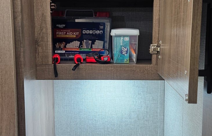 First Aid Kit, Flashlights, Headlamps, Batteries & OTC as well as extra toiletry items that may have been forgotten.