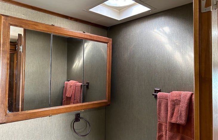 Bathroom medicine cabinet and skylight and vent.