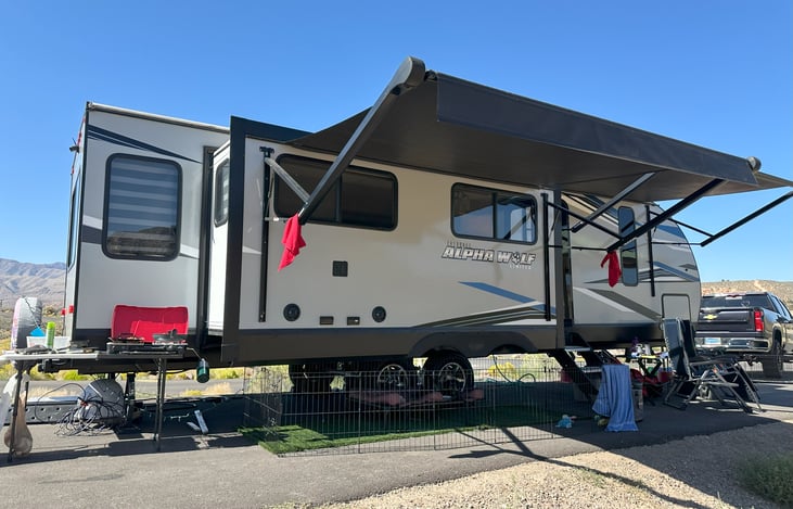 Outdoor camping grill is provided for an extra fee and can quick connect to the rear gas valve for an outdoor cooking experience.