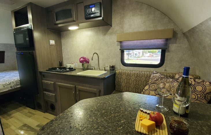 When the cold or weather brings you inside a very comfortable space to relax. Also features a 15"Tv with surround sound stereo/ DVD player with inside and outside speakers.