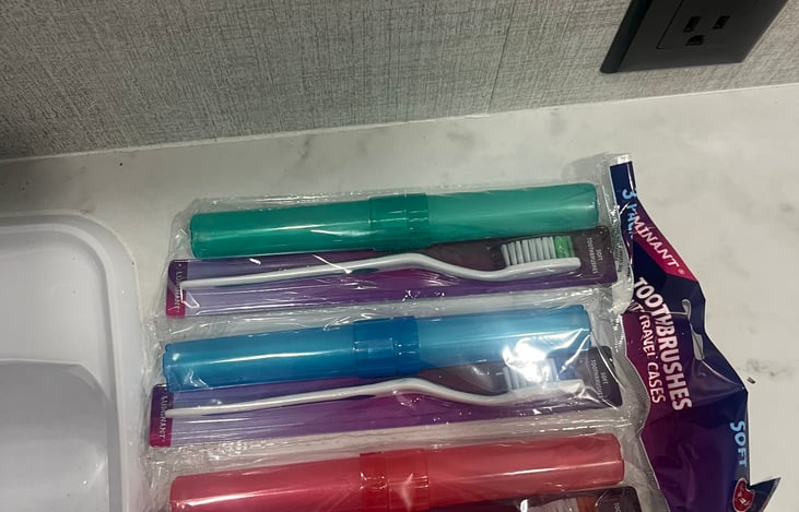 Unopened, travel, toothbrushes, just in case somebody forgets there’s