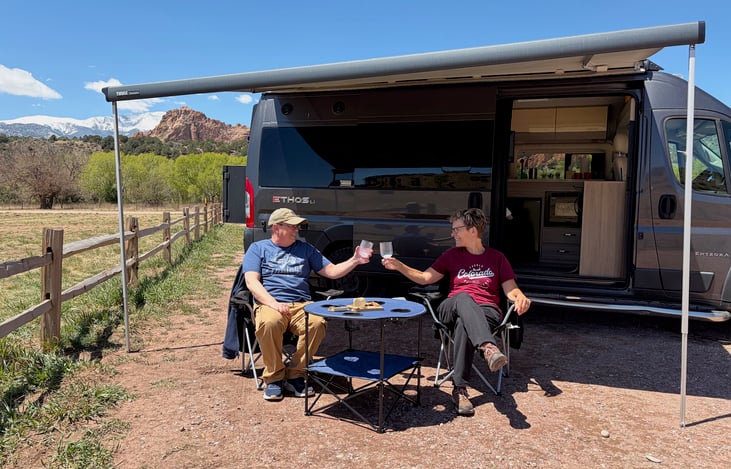 With the optional add-on of two camp chairs and table, you can relax outside under the spacious awning.