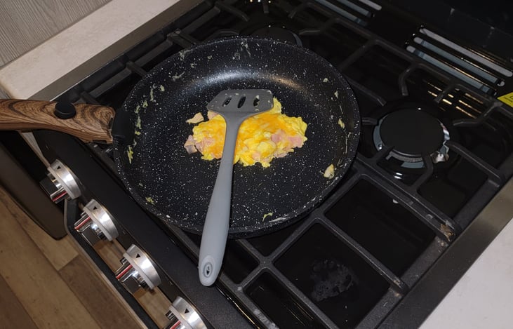 Gas stove for breakfast while it's warming up outside.