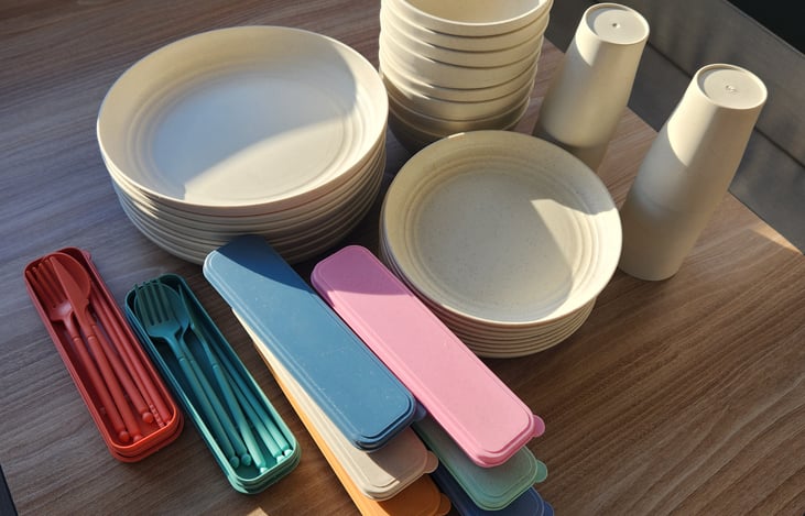 Unbreakable tableware and silverware made from wheat straw. Set of 8.