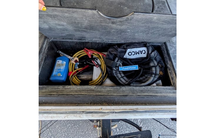 Extra oil, jumper cables, freshwater (potable only) water hose