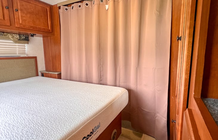 Easy to use and store black out curtains ensure your privacy.  Close the blinds, and sleep in as late as you want.