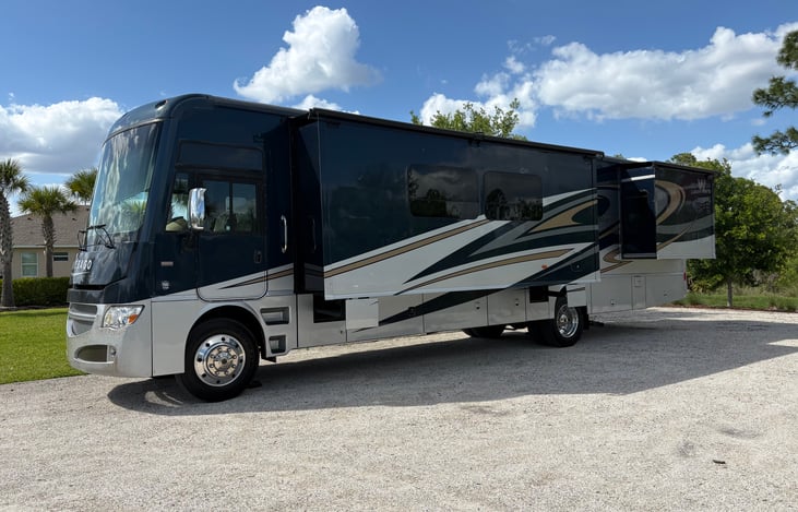 Tons of storage space in the basement. 3 slide outs and 2 awnings with an outdoor TV. Tow hitch and plug for trailer lights.