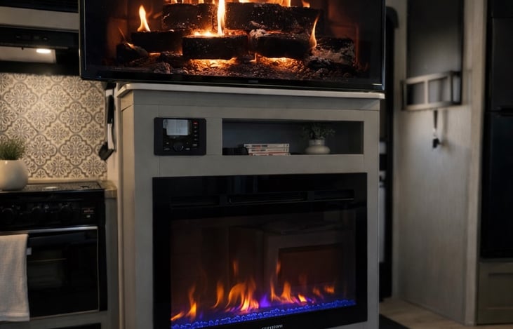 Cozy electric fireplace for relaxing evenings after a day outdoors.