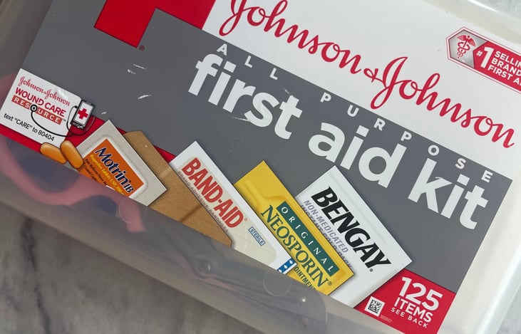 First Aid items for bumps and bruises. Bug spray and sunscreen are also in the camper.