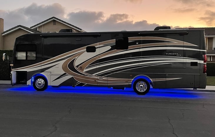 Your luxury home on the playa. 38' Thor Tuscany diesel pusher with residential comfort, powerful generator, dual A/C and optional turnkey Burning Man preparation.