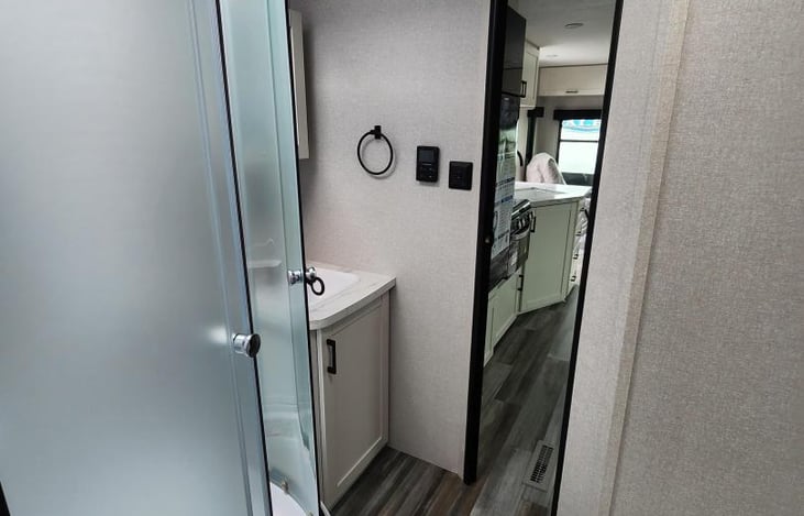 Full walk thru bathroom with shower