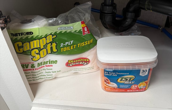 Pods for the toilet to help disintegrate the toilet paper. RV safe toilet paper included.