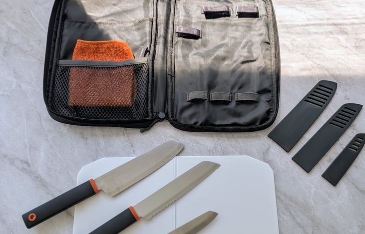 Three-piece knife set with cutting board included