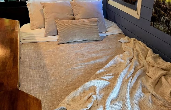 Sleeping area with built in RV full size memory foam mattress (so comfortable you won't want to get up in the morning) sleeps two average sized adults.