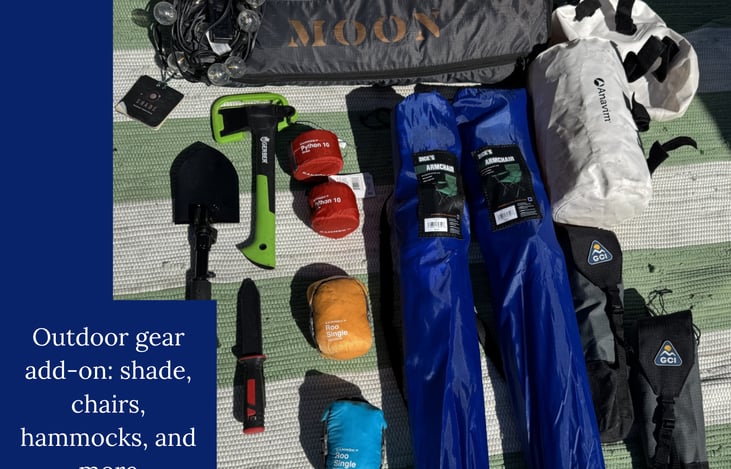 Optional add-on featuring shade, chairs, hammocks and camping tools.
