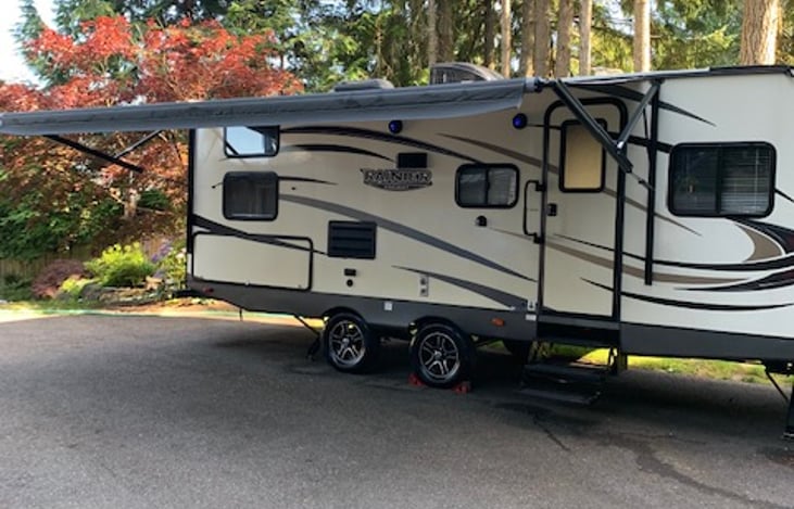 Electric awning with led lights and outside speakers