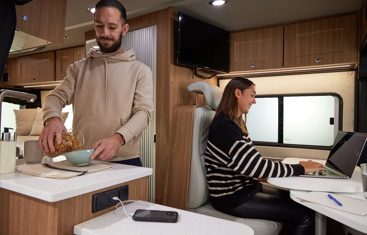 We love having the galley on the same side as the sliding door.   Makes dining outside extra enjoyable!