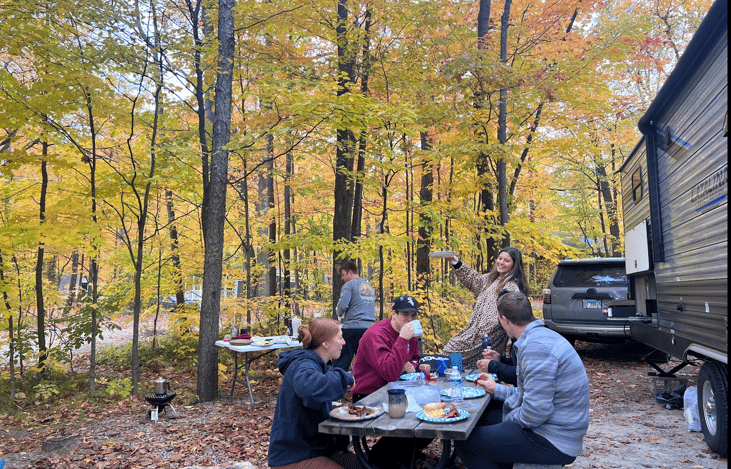 Enjoying some breakfast outdoors that was cooked on the outside grill.