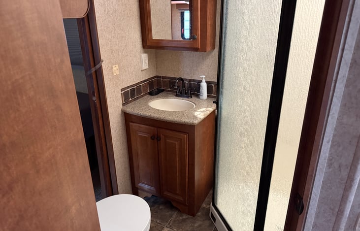 Shower, toilet with bidet, medicine cabinet and additional cabinet space.
