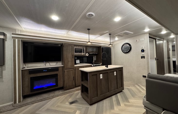 Center island, kitchen, and entertainment center