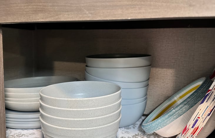 Melamine bowls and plates, also some paper bowls and plates.