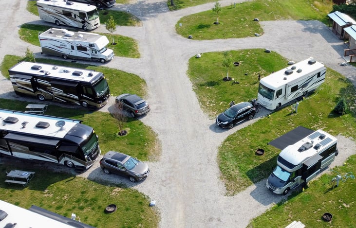 Great perspective shot showing how a 31ft RV (Flo) compares to some of the massive behemoths on the left.