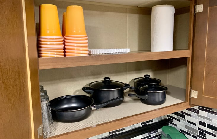 Paper plates/plastic disposable cups/pots/pans and extra paper towels