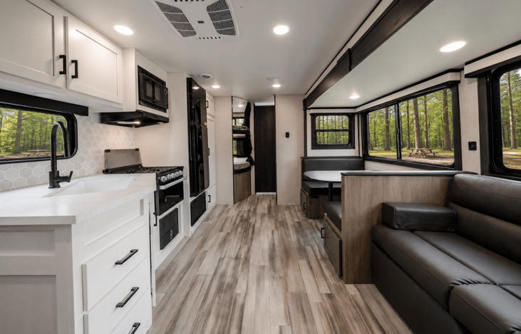 Couch cushions lift and the seat platform extends outward to create a flat bed surface, making it ideal for accommodating overnight guests while saving valuable space during the day