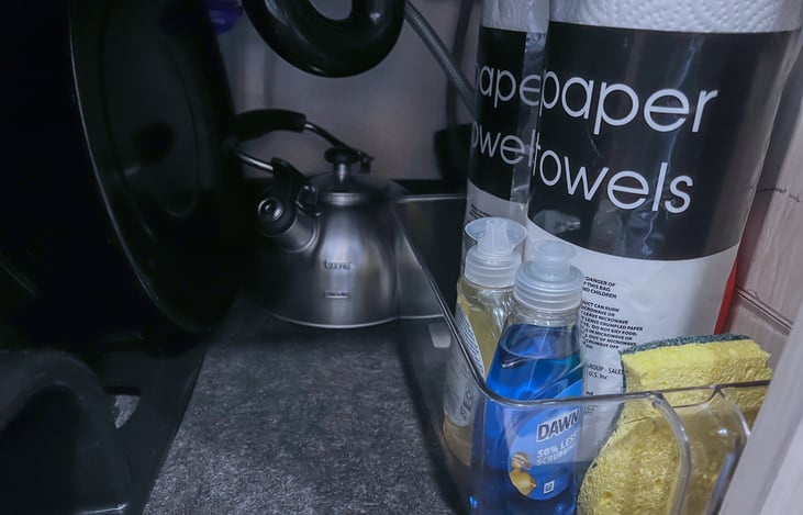 Stovetop kettle, French press, dish drying rack, etc