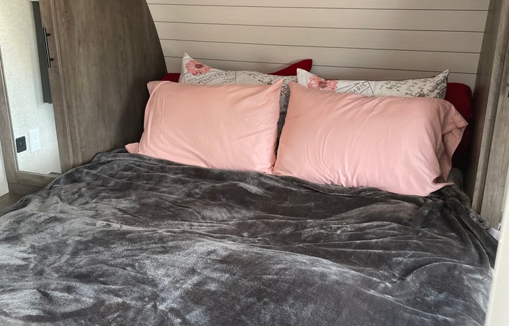 Queen size bed with 2 inch my pillow topper mattress on mattress