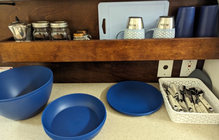 Plates, silverware and essential cooking supplies included plus biodegradable soap for clean up.